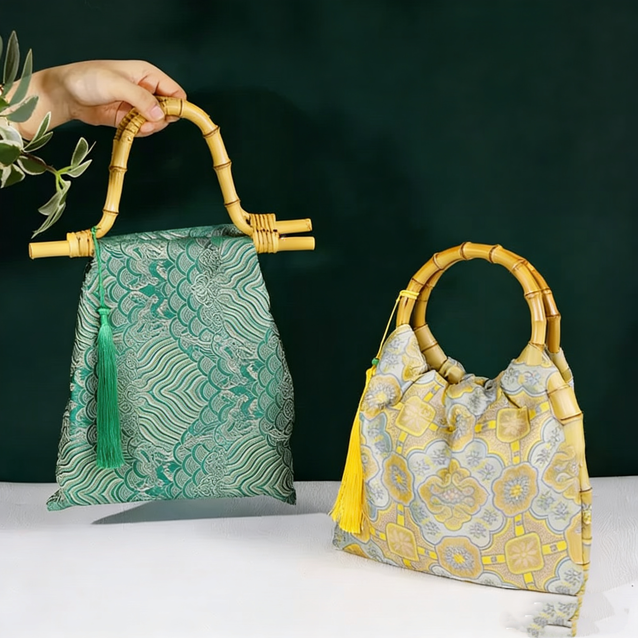 Brocade Bag with Bamboo Handles