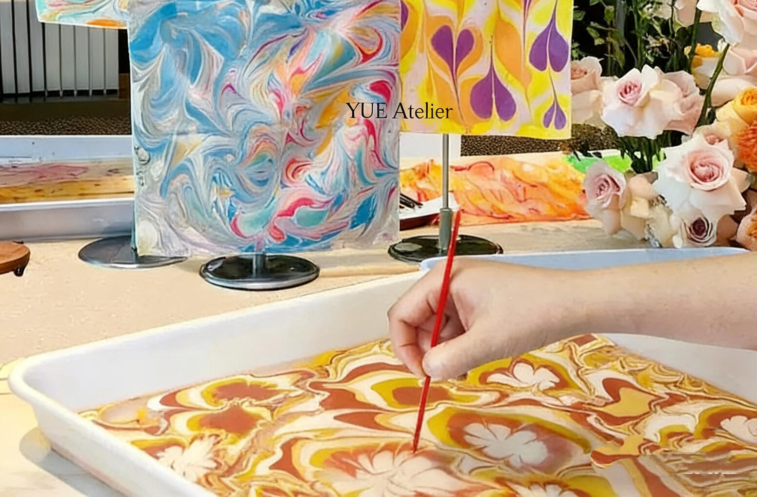 C02: Water Marbling Experience: Design Your Own Silk Scarf ( duration 1.5 hour, 10 years old above)